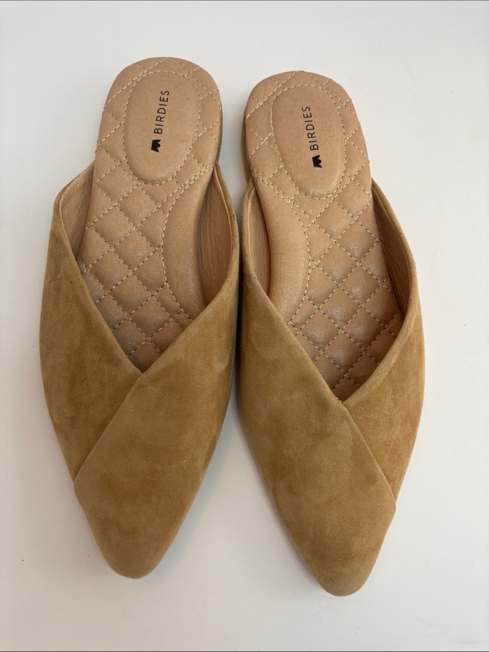 Birdies Camel/Tan Suede Pointed Slip-On Mules